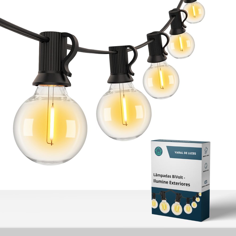Varal de Luzes com Lâmpadas Arredondadas Bivolt - Ilumine Exteriores